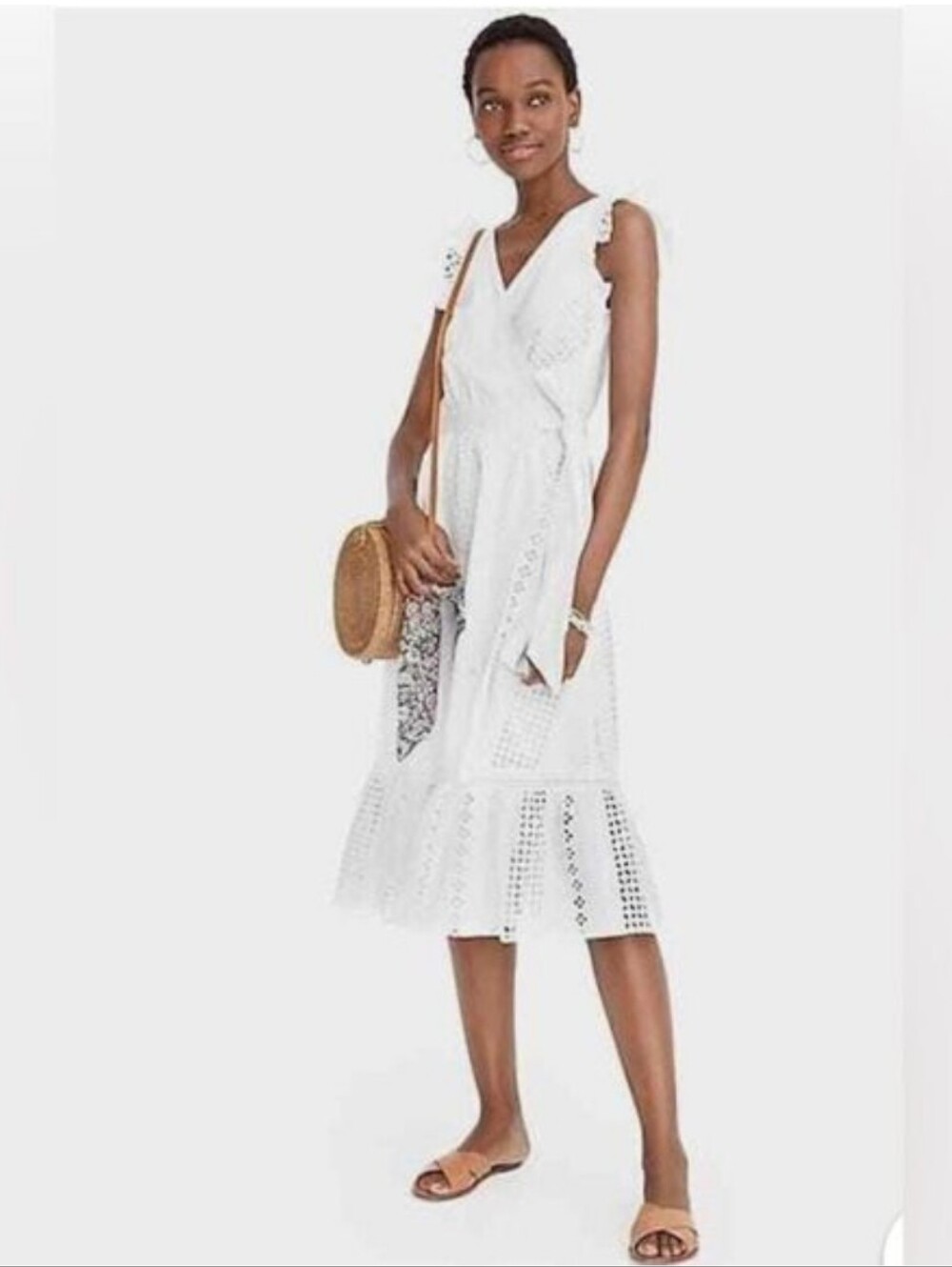 J Crew White Eyelet Wrap Dress Midi 100% Cotton Flutter Sleeve Bridal Party 2
